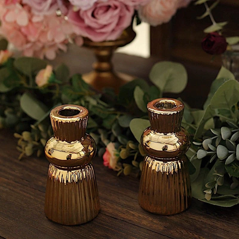 3 Metallic 5" Fluted Ball Neck Ribbed Ceramic Taper Candle Holders - Gold 11 3 Metallic 5" Fluted Ball Neck Ribbed Ceramic Taper Candle Holders - Gold - Image 9