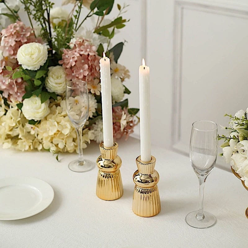 3 Metallic 5" Fluted Ball Neck Ribbed Ceramic Taper Candle Holders - Gold 5 3 Metallic 5" Fluted Ball Neck Ribbed Ceramic Taper Candle Holders - Gold - Image 3