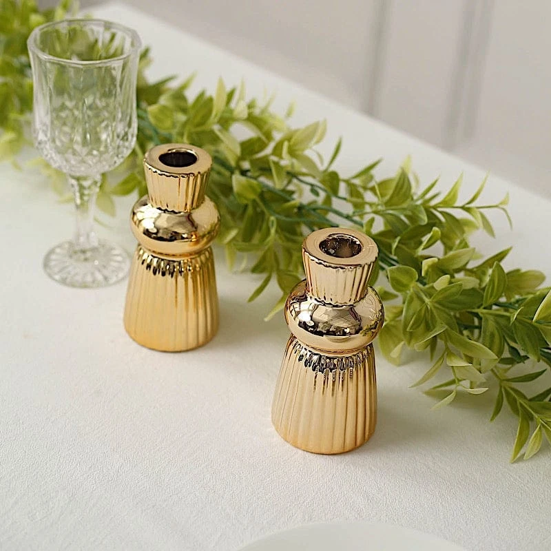 3 Metallic 5" Fluted Ball Neck Ribbed Ceramic Taper Candle Holders - Gold 10 3 Metallic 5" Fluted Ball Neck Ribbed Ceramic Taper Candle Holders - Gold - Image 8