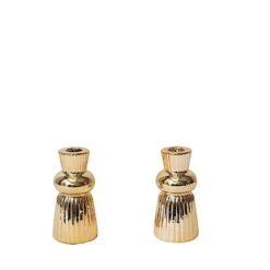 3 Metallic 5" Fluted Ball Neck Ribbed Ceramic Taper Candle Holders - Gold