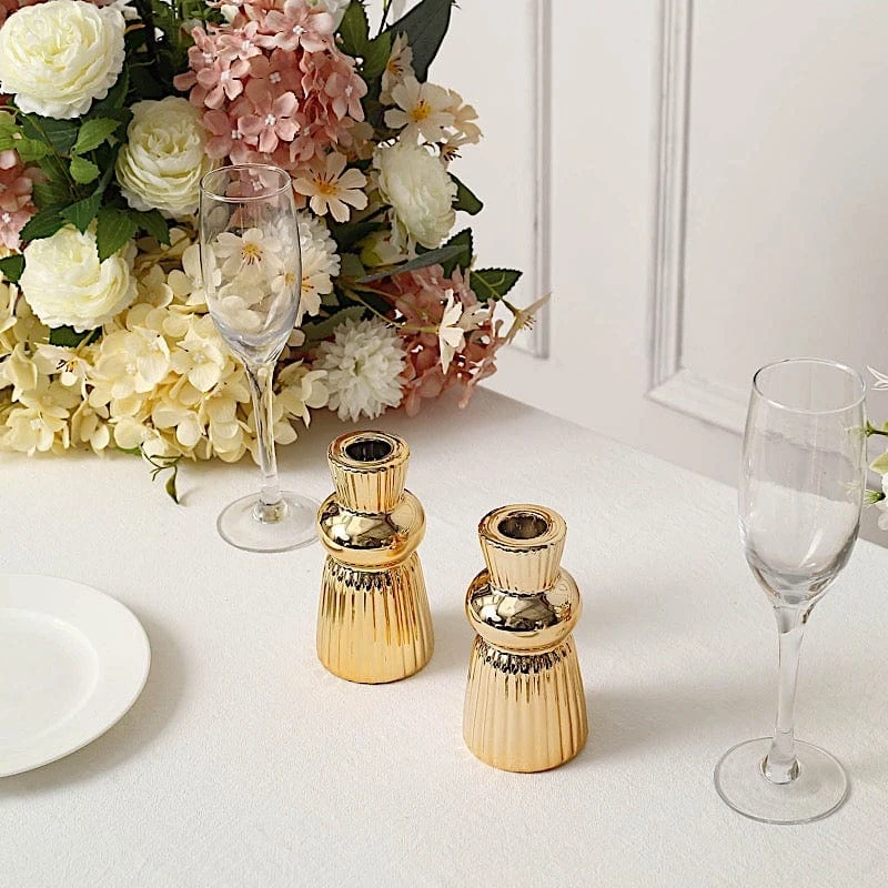 3 Metallic 5" Fluted Ball Neck Ribbed Ceramic Taper Candle Holders - Gold 7 3 Metallic 5" Fluted Ball Neck Ribbed Ceramic Taper Candle Holders - Gold - Image 5