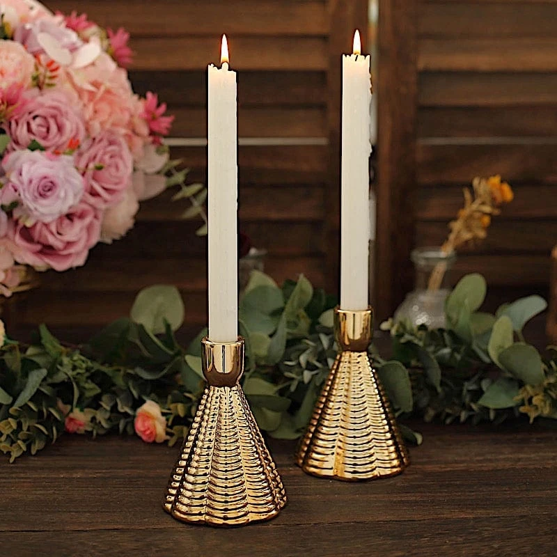 3 Metallic 5" Cone Shaped Ribbed Ceramic Taper Candle Holders - Gold 5 3 Metallic 5" Cone Shaped Ribbed Ceramic Taper Candle Holders - Gold - Image 3