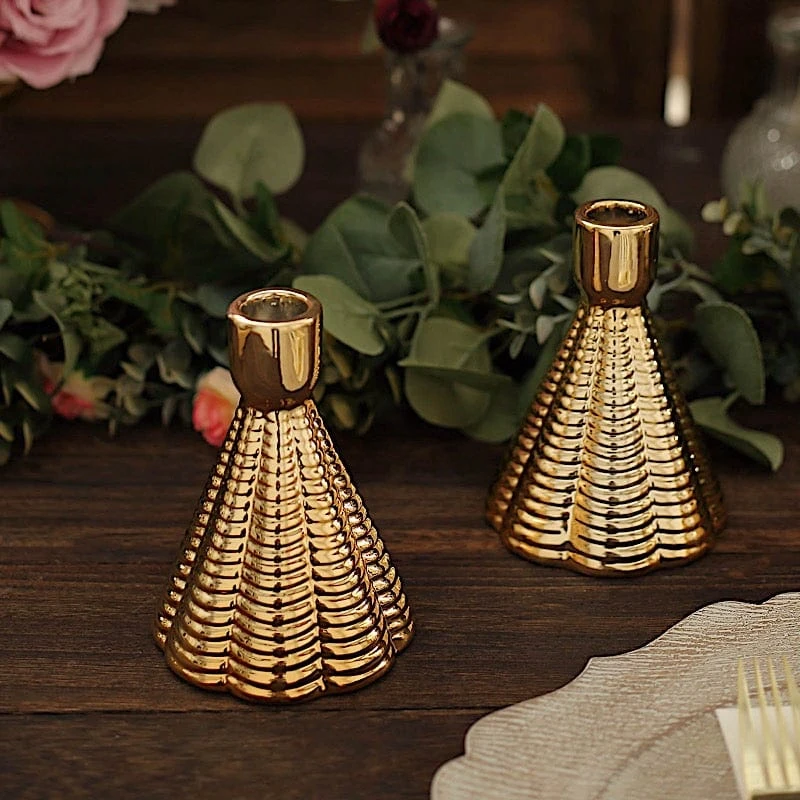 3 Metallic 5" Cone Shaped Ribbed Ceramic Taper Candle Holders - Gold 6 3 Metallic 5" Cone Shaped Ribbed Ceramic Taper Candle Holders - Gold - Image 4