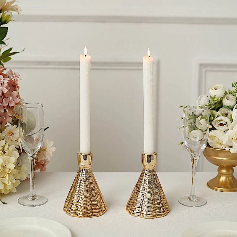 3 Metallic 5" Cone Shaped Ribbed Ceramic Taper Candle Holders - Gold 11 3 Metallic 5" Cone Shaped Ribbed Ceramic Taper Candle Holders - Gold - Image 9