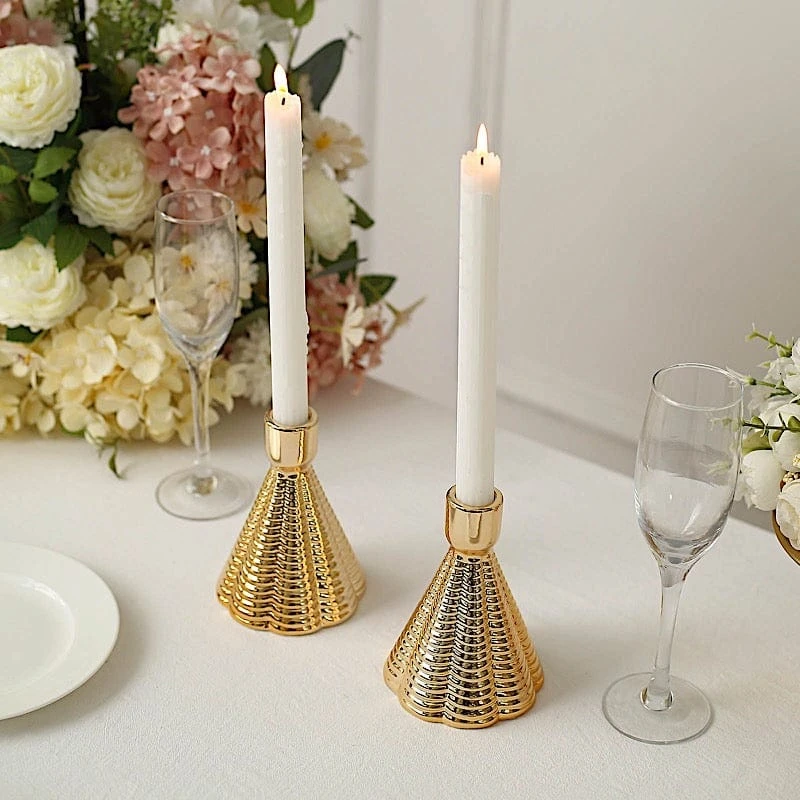 3 Metallic 5" Cone Shaped Ribbed Ceramic Taper Candle Holders - Gold 7 3 Metallic 5" Cone Shaped Ribbed Ceramic Taper Candle Holders - Gold - Image 5