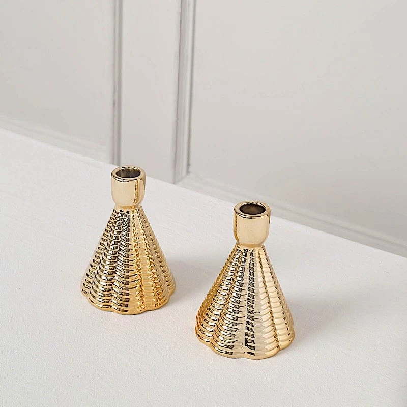 3 Metallic 5" Cone Shaped Ribbed Ceramic Taper Candle Holders - Gold 9 3 Metallic 5" Cone Shaped Ribbed Ceramic Taper Candle Holders - Gold - Image 7