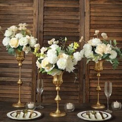 3 Metal Flute Trumpet Flower Vases Centerpieces - Gold -Optimal Home Decoration 3 metallic gold trumpet flower vase centerpieces gold chdlr 067 set gold 30902632448063