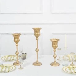 3 Metal Flute Trumpet Flower Vases Centerpieces - Gold -Optimal Home Decoration 3 metallic gold trumpet flower vase centerpieces gold chdlr 067 set gold 30902632513599