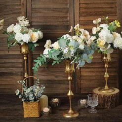 3 Metal Flute Trumpet Flower Vases Centerpieces - Gold -Optimal Home Decoration 3 metallic gold trumpet flower vase centerpieces gold chdlr 067 set gold 30902632546367