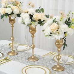 3 Metal Flute Trumpet Flower Vases Centerpieces - Gold -Optimal Home Decoration 3 metallic gold trumpet flower vase centerpieces gold chdlr 067 set gold 30902632579135