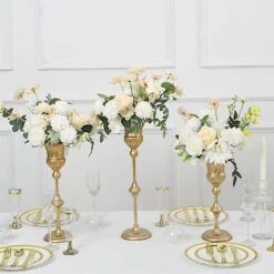 3 Metal Flute Trumpet Flower Vases Centerpieces - Gold -Optimal Home Decoration 3 metallic gold trumpet flower vase centerpieces gold chdlr 067 set gold 30902632677439