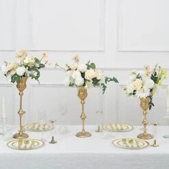 3 Metal Flute Trumpet Flower Vases Centerpieces - Gold -Optimal Home Decoration 3 metallic gold trumpet flower vase centerpieces gold chdlr 067 set gold 30902632710207
