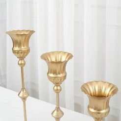 3 Metal Flute Trumpet Flower Vases Centerpieces - Gold -Optimal Home Decoration 3 metallic gold trumpet flower vase centerpieces gold chdlr 067 set gold 30902632775743