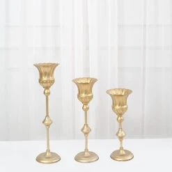 3 Metal Flute Trumpet Flower Vases Centerpieces - Gold -Optimal Home Decoration 3 metallic gold trumpet flower vase centerpieces gold chdlr 067 set gold 30902632808511