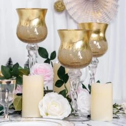 3 Pcs 12" 14" 16" Tall Glass Hurricane Candle Holders Vases - Clear With Gold -Optimal Home Decoration 3 pcs 12 14 16 tall glass hurricane candle holders vases clear with gold vase a63 gold 13969933402175
