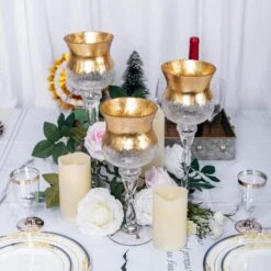 3 Pcs 12" 14" 16" Tall Glass Hurricane Candle Holders Vases - Clear With Gold -Optimal Home Decoration 3 pcs 12 14 16 tall glass hurricane candle holders vases clear with gold vase a63 gold 28507415674943