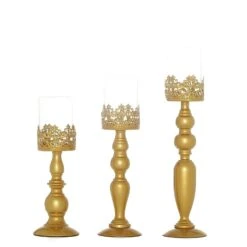 3 Pcs 12" 14" 17" Tall Lacy Trim Metal With Glass Candle Holders Centerpieces - Gold