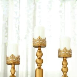 3 Pcs 12" 14" 17" Tall Lacy Trim Metal With Glass Candle Holders Centerpieces - Gold -Optimal Home Decoration 3 pcs 12 14 17 tall lacy trim metal with glass candle holders centerpieces gold chdlr cand 028 set gold 11707484405823