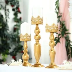 3 Pcs 12" 14" 17" Tall Lacy Trim Metal With Glass Candle Holders Centerpieces - Gold -Optimal Home Decoration 3 pcs 12 14 17 tall lacy trim metal with glass candle holders centerpieces gold chdlr cand 028 set gold 28503869489215