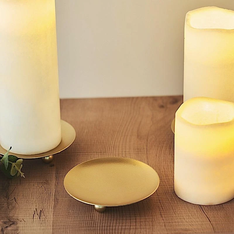 3 Pcs 4" Round Metal Plates Candle Holders - Gold 6 3 Pcs 4" Round Metal Plates Candle Holders - Gold - Image 4