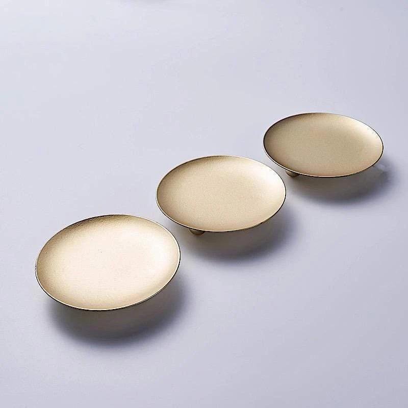 3 Pcs 4" Round Metal Plates Candle Holders - Gold 5 3 Pcs 4" Round Metal Plates Candle Holders - Gold - Image 3