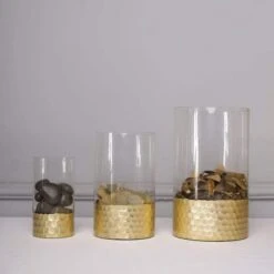 3 Pcs 6" 8" 10" Glass Cylinder Honeycomb Rim Vases - Clear With Gold -Optimal Home Decoration 3 pcs 6 8 10 glass cylinder honeycomb rim vases clear with gold vase a26 set01 gold 28121077186623
