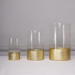 3 Pcs 6" 8" 10" Glass Cylinder Honeycomb Rim Vases - Clear With Gold -Optimal Home Decoration 3 pcs 6 8 10 glass cylinder honeycomb rim vases clear with gold vase a26 set01 gold 28121084002367