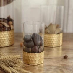 3 Pcs 6" 8" 10" Glass Cylinder Honeycomb Rim Vases - Clear With Gold -Optimal Home Decoration 3 pcs 6 8 10 glass cylinder honeycomb rim vases clear with gold vase a26 set01 gold 28586092494911