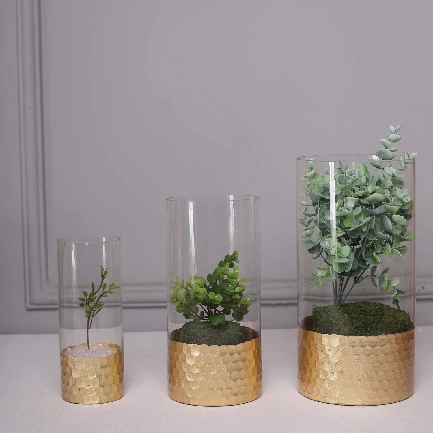 3 Pcs 8" 10" 12" Glass Cylinder Honeycomb Rim Vases - Clear With Gold 4 3 Pcs 8" 10" 12" Glass Cylinder Honeycomb Rim Vases - Clear With Gold - Image 2