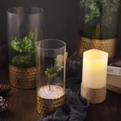 3 Pcs 8" 10" 12" Glass Cylinder Honeycomb Rim Vases - Clear With Gold 12 3 Pcs 8" 10" 12" Glass Cylinder Honeycomb Rim Vases - Clear With Gold -Optimal Home Decoration 3 pcs 8 10 12 glass cylinder honeycomb rim vases clear with gold vase a26 set02 gold 13819736391743