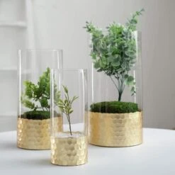 3 Pcs 8" 10" 12" Glass Cylinder Honeycomb Rim Vases - Clear With Gold 11 3 Pcs 8" 10" 12" Glass Cylinder Honeycomb Rim Vases - Clear With Gold -Optimal Home Decoration 3 pcs 8 10 12 glass cylinder honeycomb rim vases clear with gold vase a26 set02 gold 13819737210943