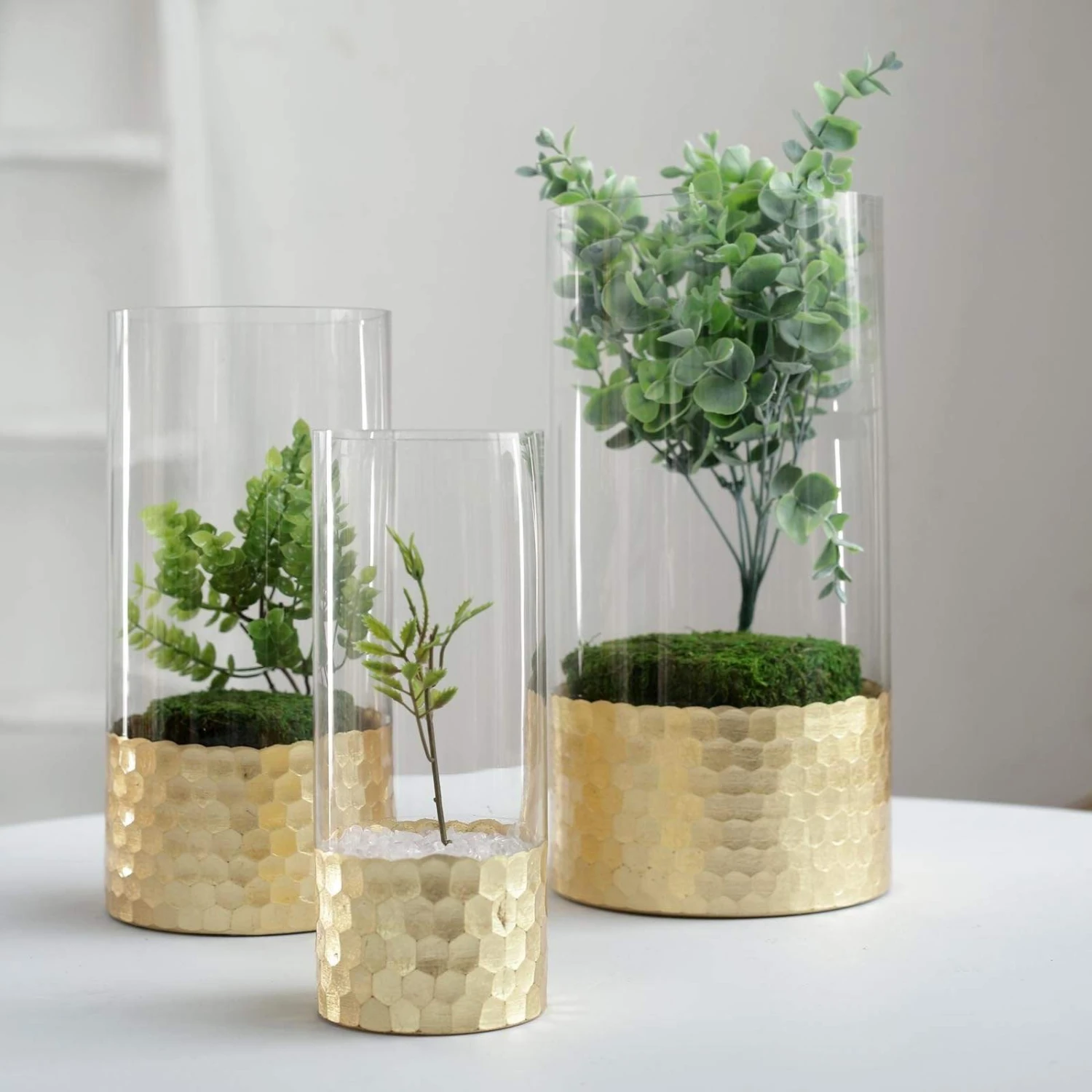 3 Pcs 8" 10" 12" Glass Cylinder Honeycomb Rim Vases - Clear With Gold 5 3 Pcs 8" 10" 12" Glass Cylinder Honeycomb Rim Vases - Clear With Gold - Image 3