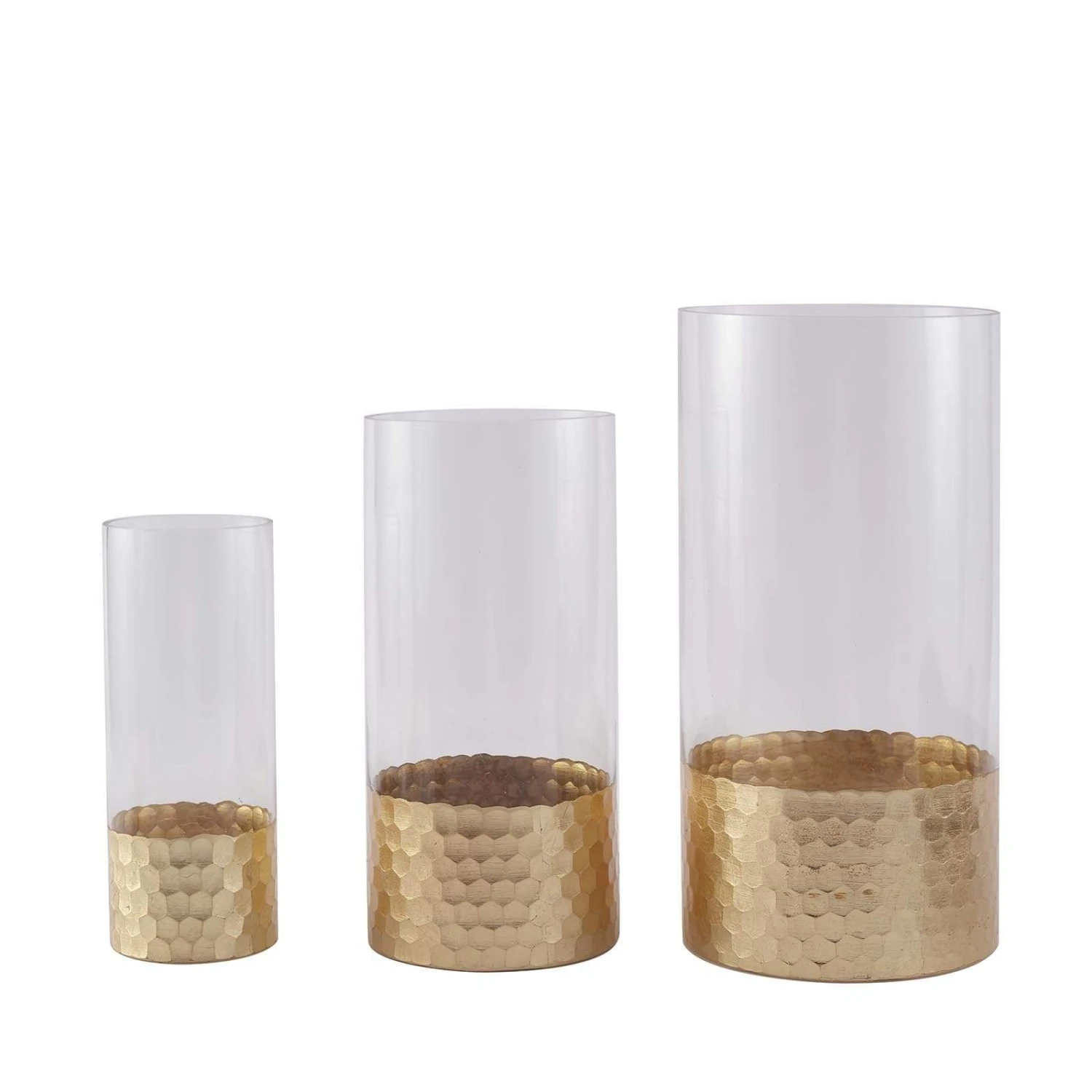 3 Pcs 8" 10" 12" Glass Cylinder Honeycomb Rim Vases - Clear With Gold 3 3 Pcs 8" 10" 12" Glass Cylinder Honeycomb Rim Vases - Clear With Gold