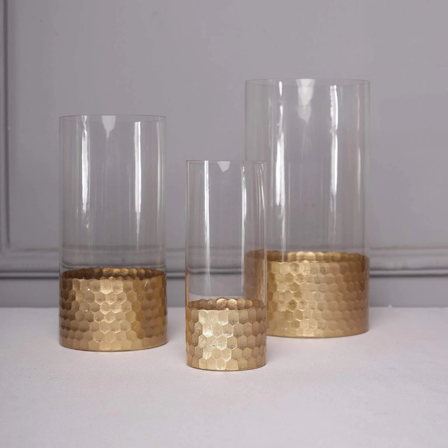 3 Pcs 8" 10" 12" Glass Cylinder Honeycomb Rim Vases - Clear With Gold 7 3 Pcs 8" 10" 12" Glass Cylinder Honeycomb Rim Vases - Clear With Gold - Image 5