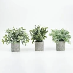 3 Pcs 9" Tall Assorted Mini Potted Artificial Plants - Frosted Green And Gray