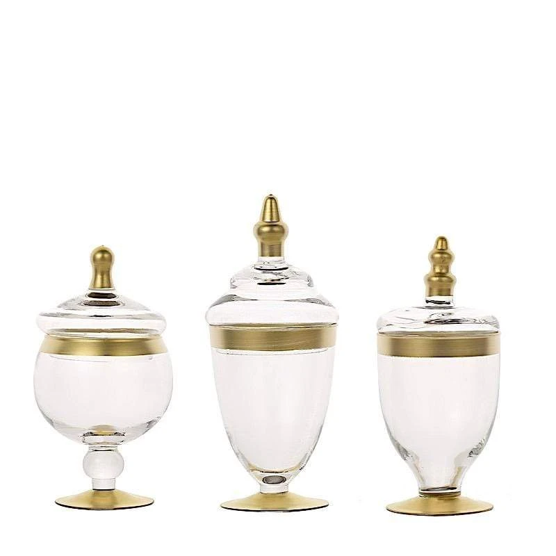 3 Pcs Glass Apothecary Jars Containers With Lids - Clear With Gold Trim 3 3 Pcs Glass Apothecary Jars Containers With Lids - Clear With Gold Trim