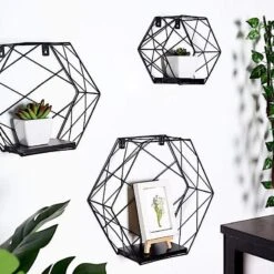 3 Pcs Hexagon Metal With Wood Geometric Floating Shelves -Optimal Home Decoration 3 pcs hexagon metal with wood geometric floating shelves 28968488894527