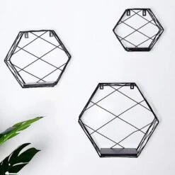 3 Pcs Hexagon Metal With Wood Geometric Floating Shelves -Optimal Home Decoration 3 pcs hexagon metal with wood geometric floating shelves 28968488927295