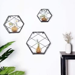 3 Pcs Hexagon Metal With Wood Geometric Floating Shelves -Optimal Home Decoration 3 pcs hexagon metal with wood geometric floating shelves 28968488992831