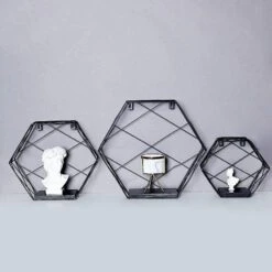 3 Pcs Hexagon Metal With Wood Geometric Floating Shelves -Optimal Home Decoration 3 pcs hexagon metal with wood geometric floating shelves 28968489025599