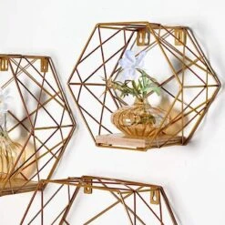 3 Pcs Hexagon Metal With Wood Geometric Floating Shelves -Optimal Home Decoration 3 pcs hexagon metal with wood geometric floating shelves 28968489156671