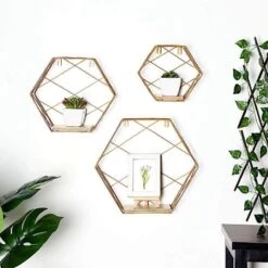 3 Pcs Hexagon Metal With Wood Geometric Floating Shelves -Optimal Home Decoration 3 pcs hexagon metal with wood geometric floating shelves 28968489287743