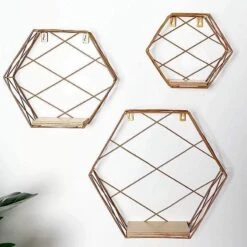 3 Pcs Hexagon Metal With Wood Geometric Floating Shelves -Optimal Home Decoration 3 pcs hexagon metal with wood geometric floating shelves 28970621108287