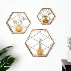 3 Pcs Hexagon Metal With Wood Geometric Floating Shelves -Optimal Home Decoration 3 pcs hexagon metal with wood geometric floating shelves 28970624745535