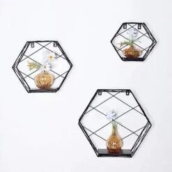 3 Pcs Hexagon Metal With Wood Geometric Floating Shelves -Optimal Home Decoration 3 pcs hexagon metal with wood geometric floating shelves 28970629496895