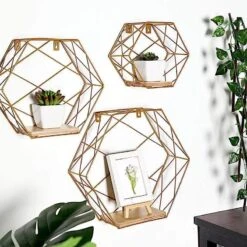 3 Pcs Hexagon Metal With Wood Geometric Floating Shelves -Optimal Home Decoration 3 pcs hexagon metal with wood geometric floating shelves 28980954628159