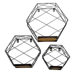 3 Pcs Hexagon Metal With Wood Geometric Floating Shelves