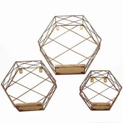 3 Pcs Hexagon Metal With Wood Geometric Floating Shelves -Optimal Home Decoration 3 pcs hexagon metal with wood geometric floating shelves wod hopshlf hex2 gold 28968489058367