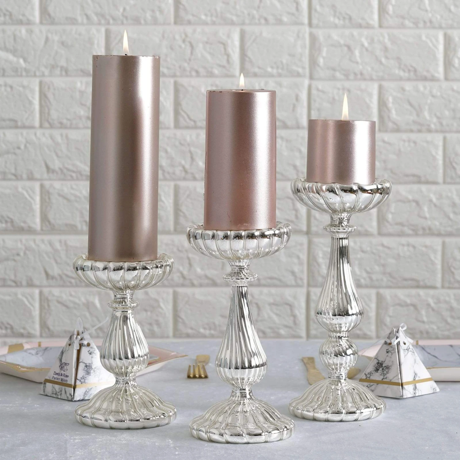 3 Pcs Mercury Glass Pillar Candle Holders Wedding Centerpieces 6 3 Pcs Mercury Glass Pillar Candle Holders Wedding Centerpieces - Image 4