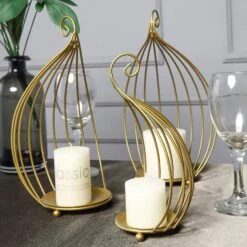 3 Pcs Metal Candle Holders Half Lanterns Wedding Centerpieces - Gold -Optimal Home Decoration 3 pcs metal candle holders half lanterns wedding centerpieces gold iron bask01 gold 28500428783679